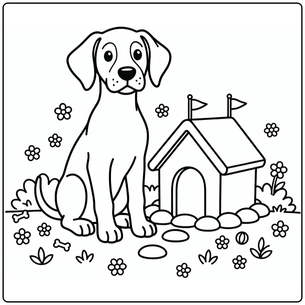 Puppy coloring page: Tall Great Dane by castle doghouse with flags