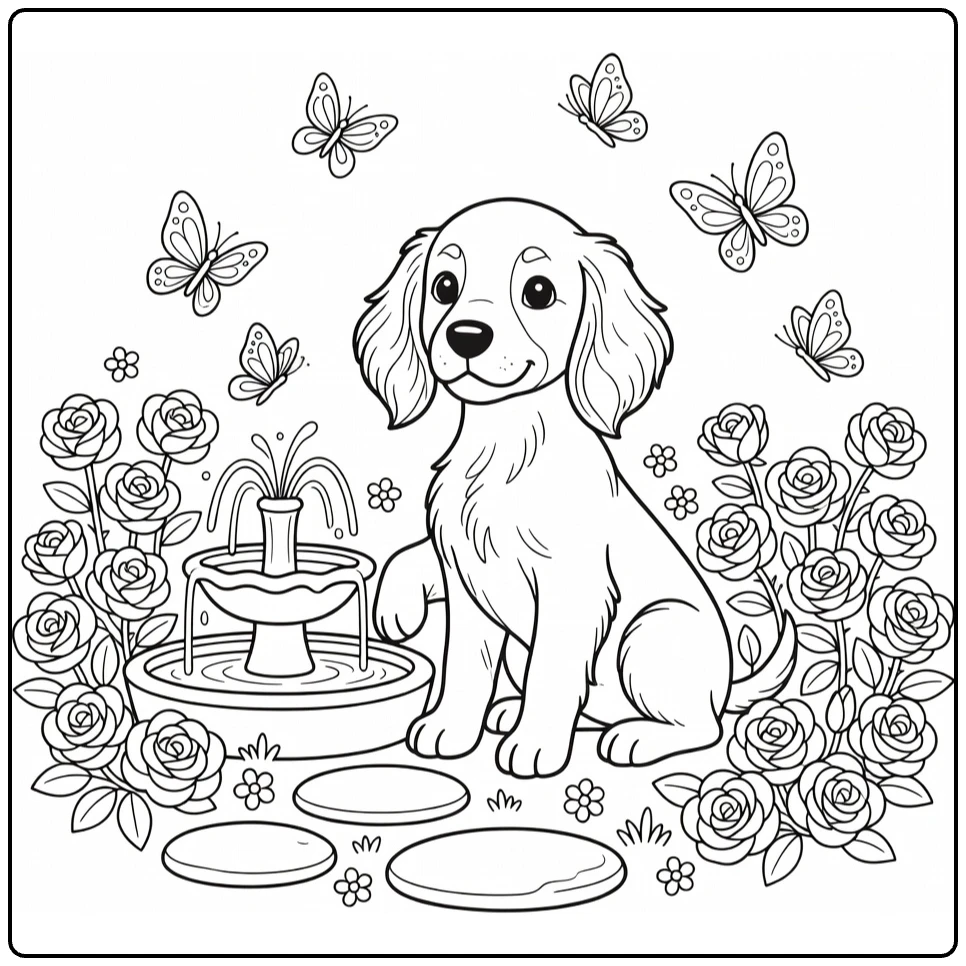 Puppy coloring page: Irish Setter by fountain, roses, butterflies