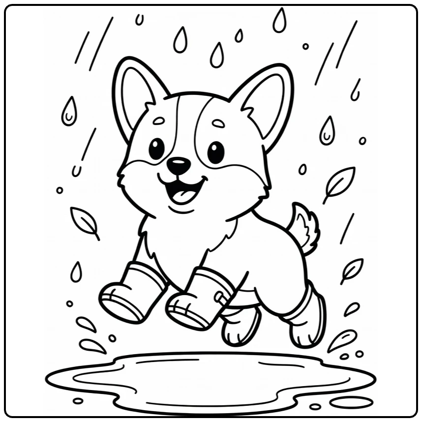 Puppy coloring page: happy corgi jumping puddle in boots (52 chars)