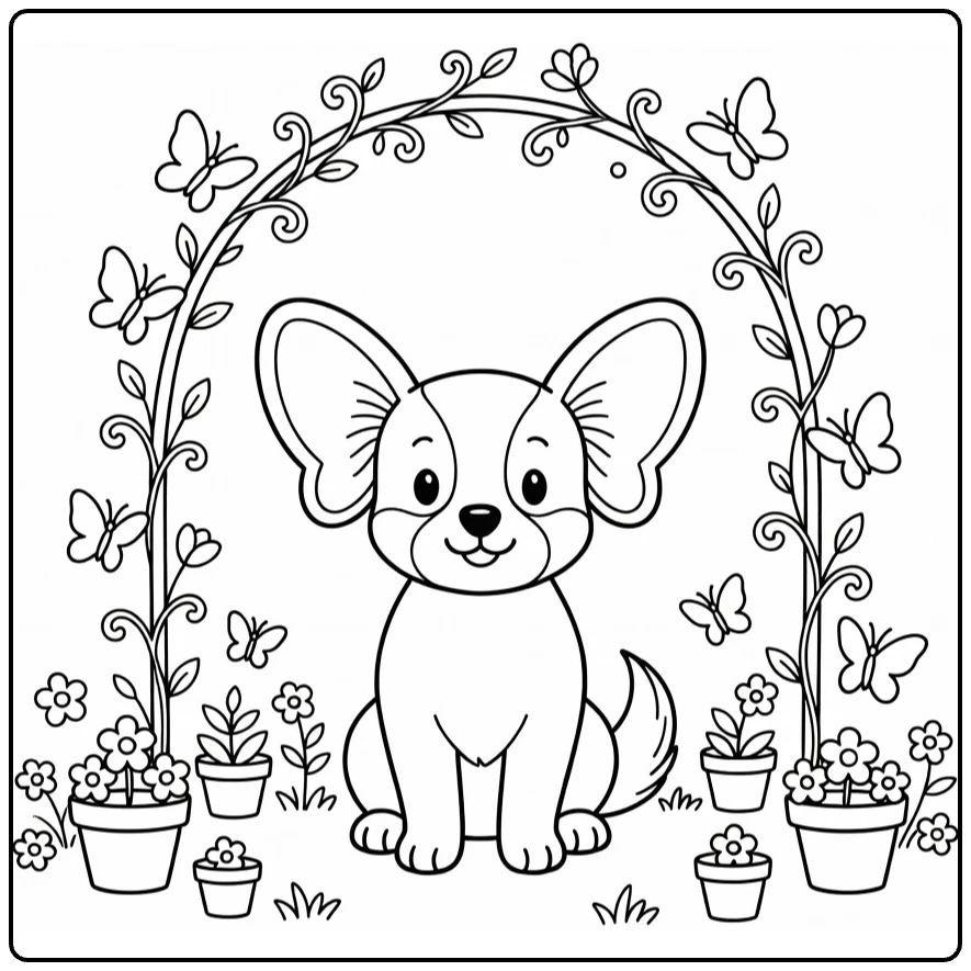 Puppy coloring page: cute Papillon under garden arch with butterflies