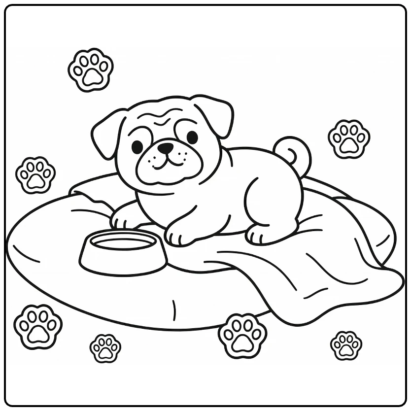 Puppy coloring page: cute pug on cushion with bowl, toys