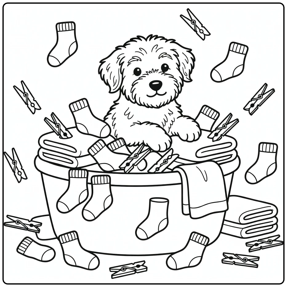 Puppy coloring page: Old English Sheepdog peeking from basket