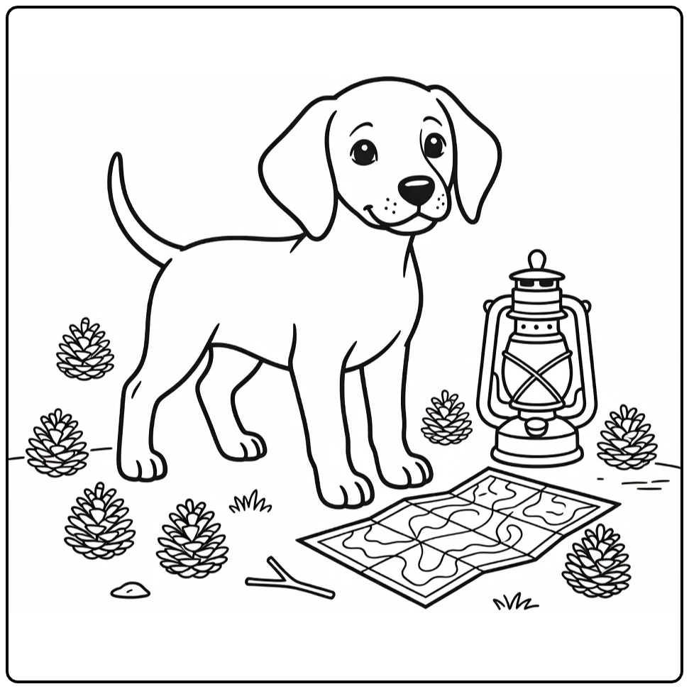 Puppy coloring page: Vizsla pup with lantern, map, pine cones