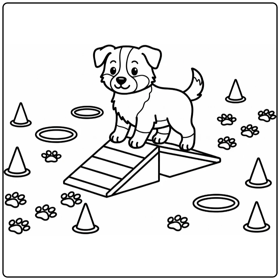 Puppy coloring page: Border Collie balancing on agility ramp with cones