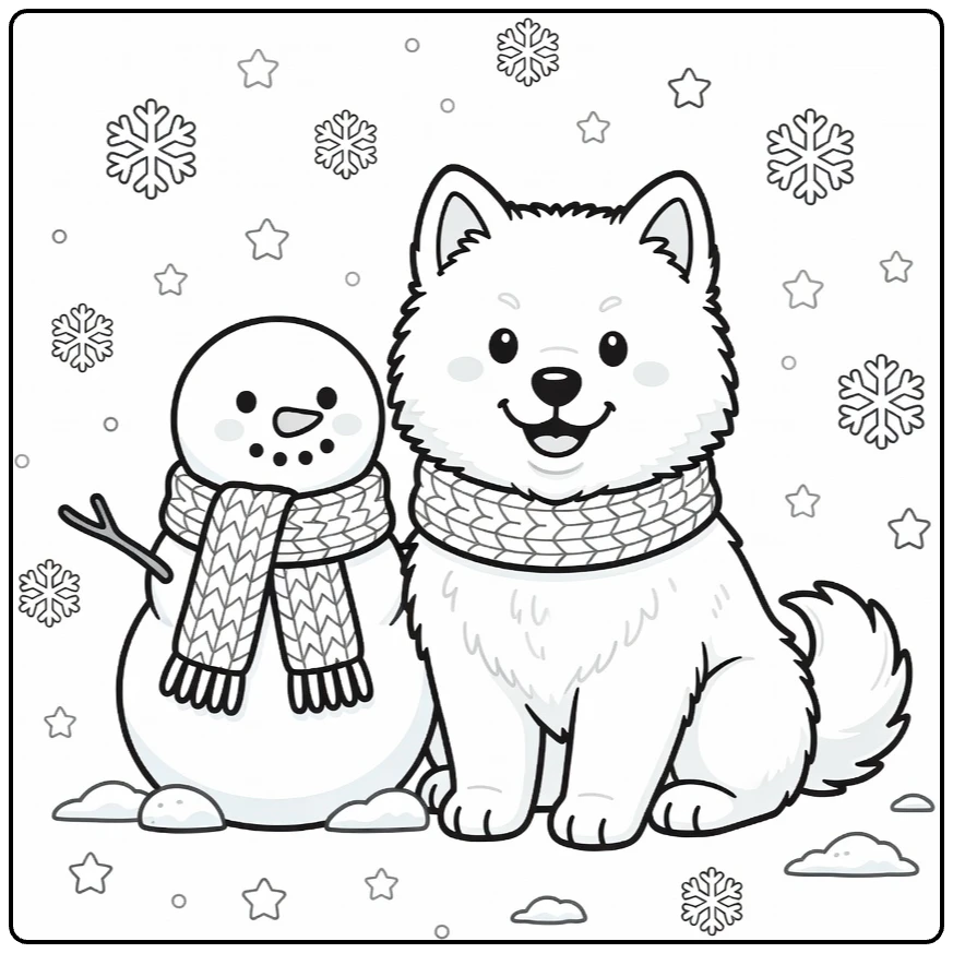 Puppy coloring page: fluffy Samoyed puppy with snowman, scarf, stars
