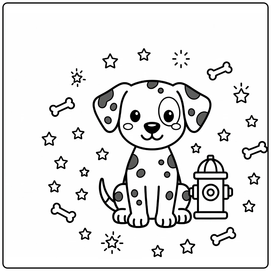 Puppy coloring page: Dalmatian sitting by toy fire hydrant, stars & bones