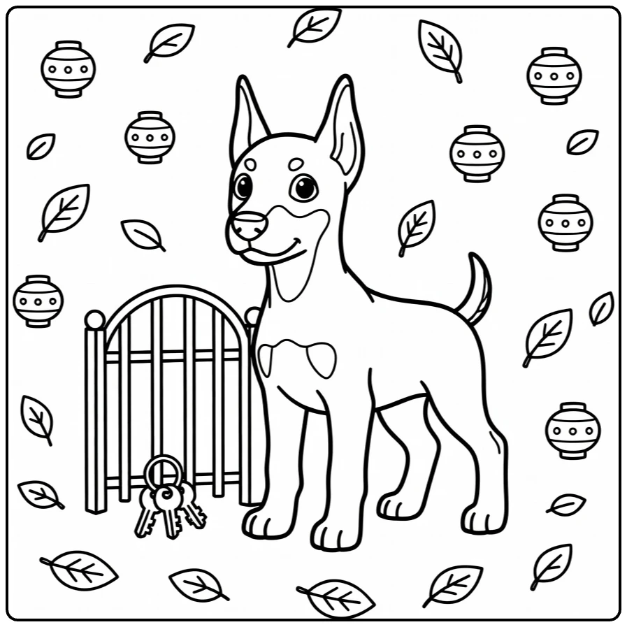 Puppy coloring page: Alert Doberman by garden gate, keys, lanterns
