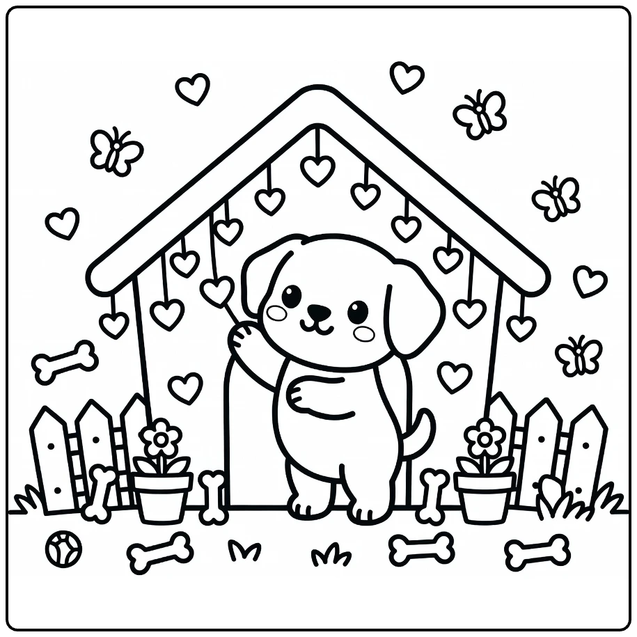 Puppy Dog House Coloring Page: pup with hearts, pots, fence