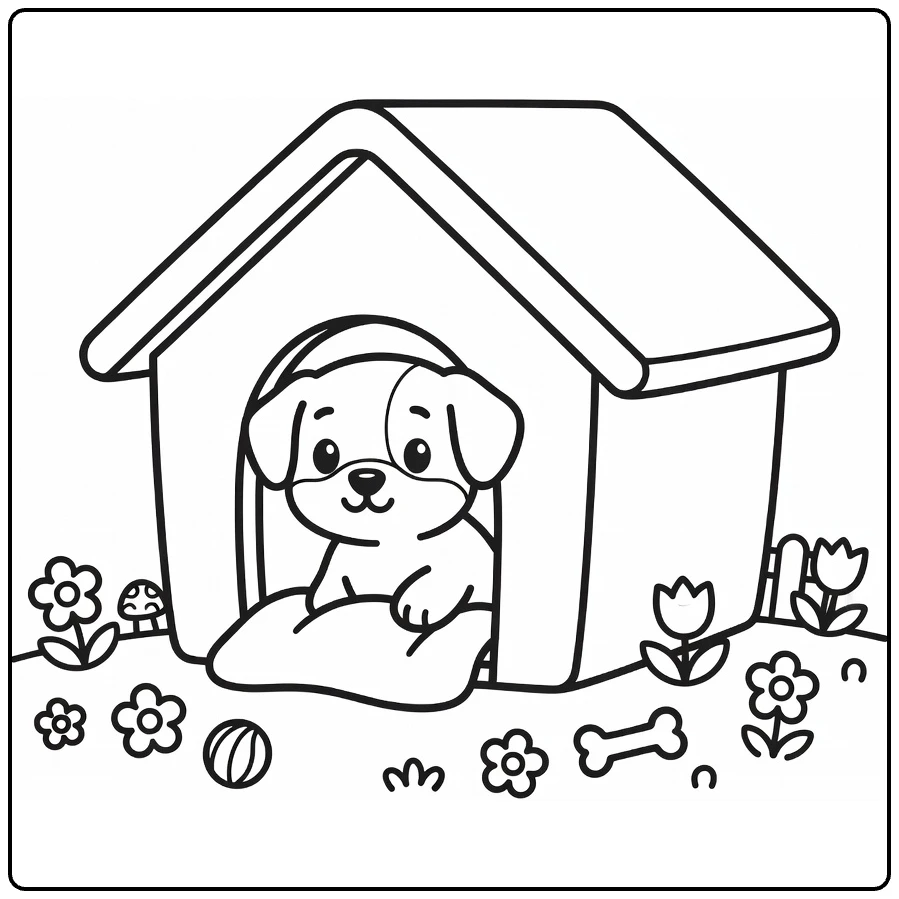 Puppy Dog House Coloring Page: puppy peeking from door with toys