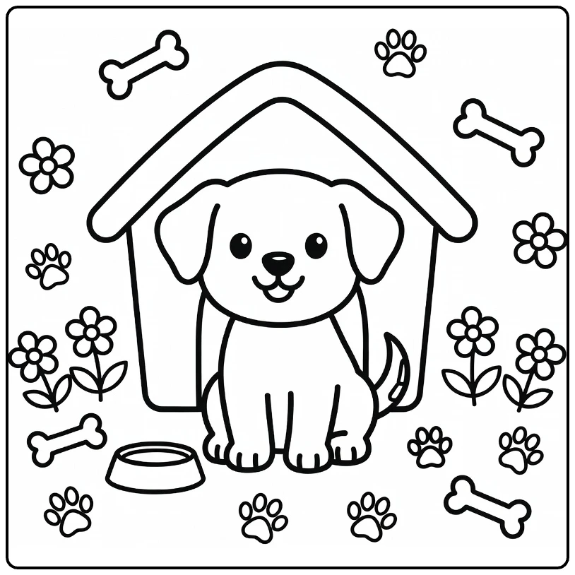 Puppy Dog House Coloring Page: happy puppy by cute house