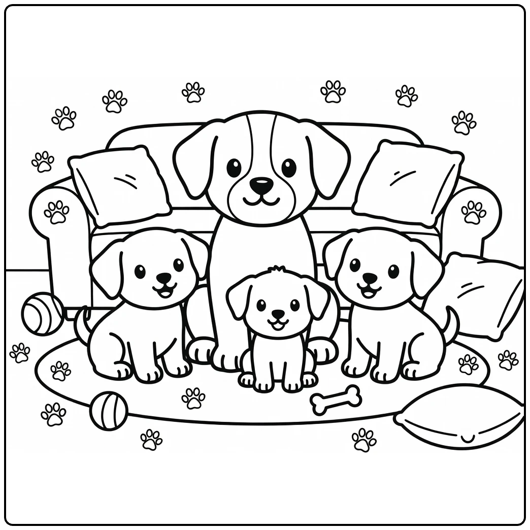 Puppy Family Coloring Page: parent dog with 3 puppies in cozy room