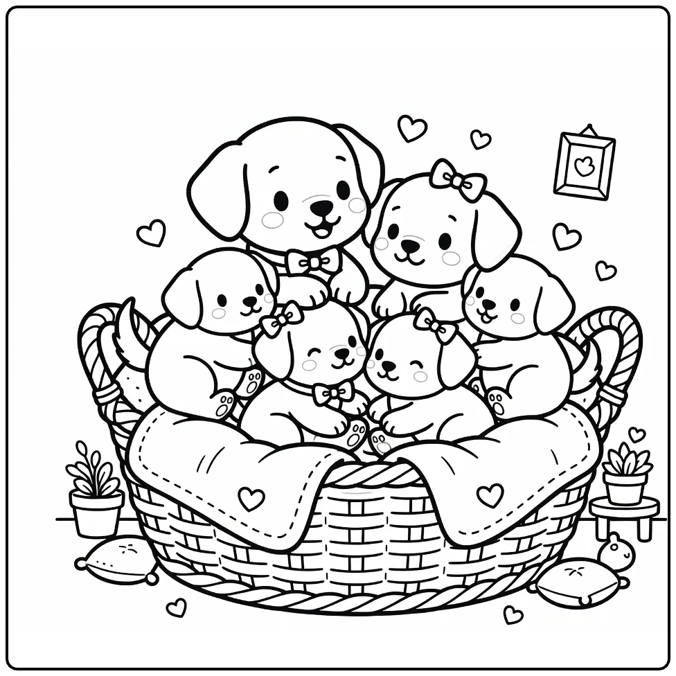 Puppy Family Coloring Page: Mom & pups cuddling in basket