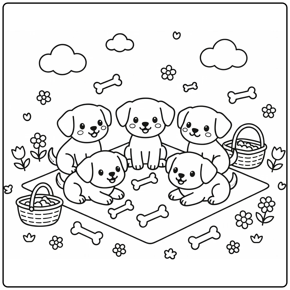 Puppy Family Coloring Page: 5 pups picnic on blanket with baskets