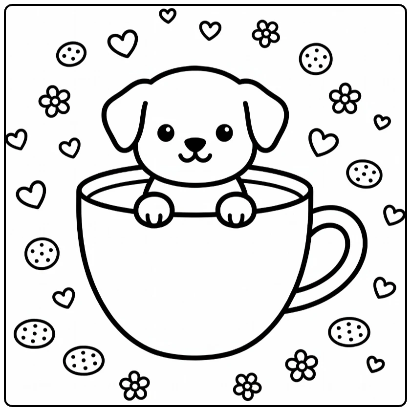 Puppy In A Cup Coloring Page: tiny pup peeking with cookies