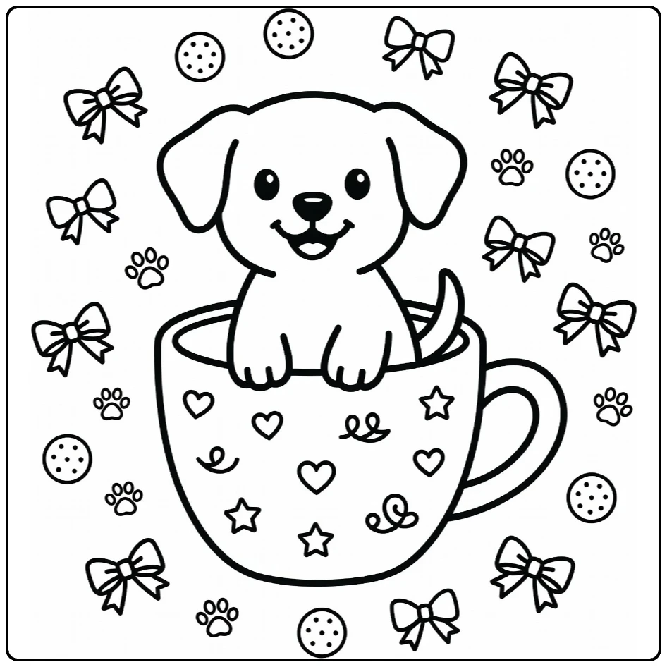 Puppy In A Cup Coloring Page: cheerful pup in mug with bows, biscuits