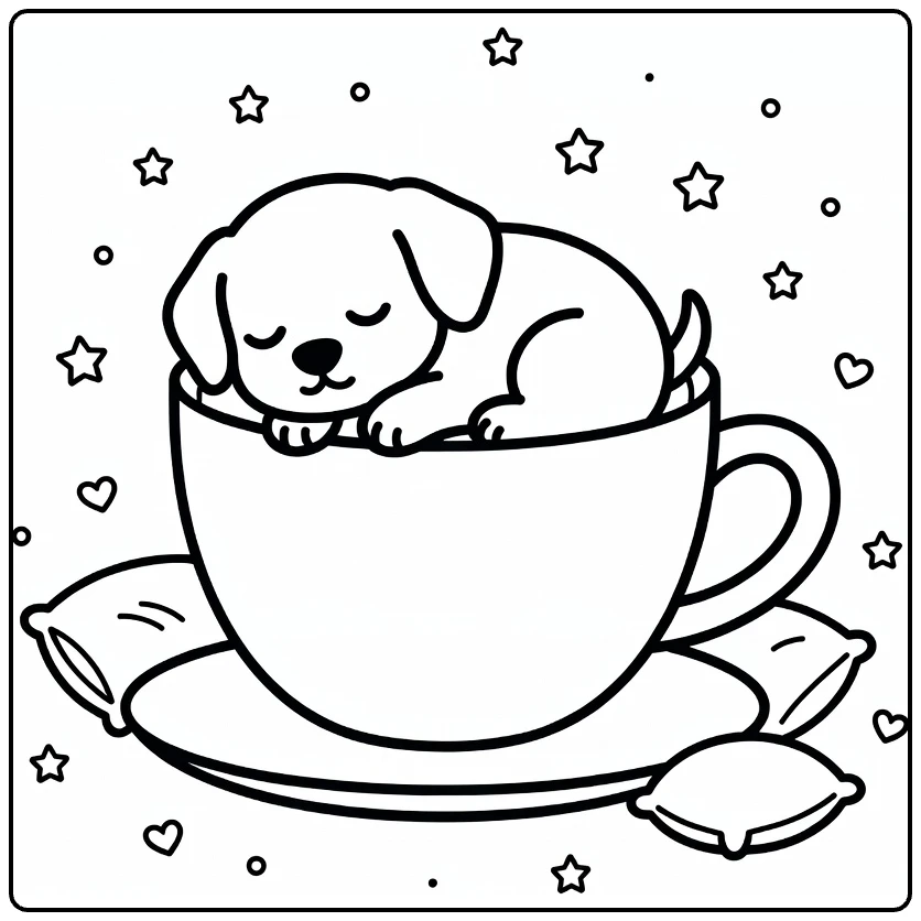 Puppy In A Cup Coloring Page: sleepy pup curled in cup