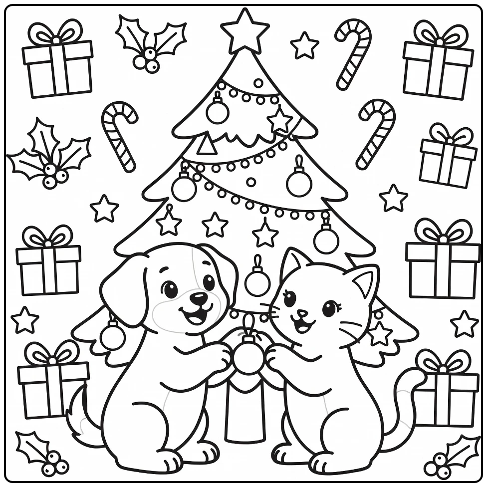 Christmas dog and cat coloring pages: puppy kitten batting ornament