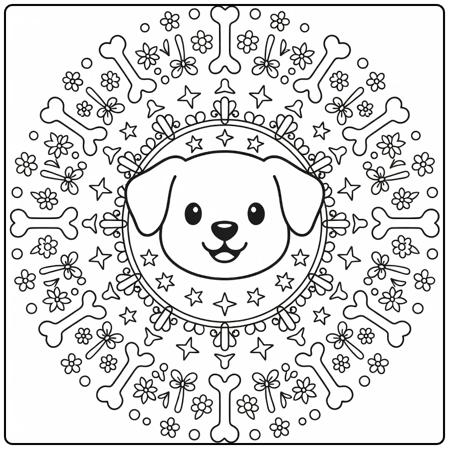 Puppy Mandala Coloring Page: happy face in bones, stars, flowers