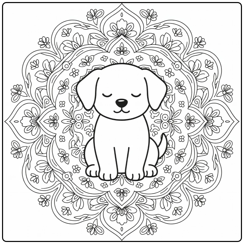 Puppy Mandala Coloring Page: calm puppy in floral frame