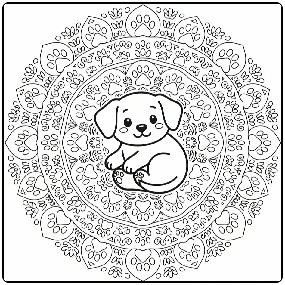 Puppy Mandala Coloring Page: Curled Puppy in Heart Paw Design