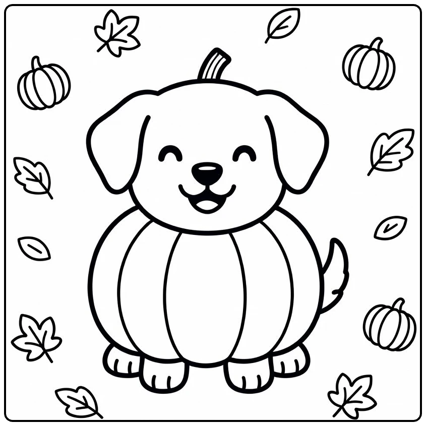 Puppy Pumpkin Coloring Page: cute pup in pumpkin costume with gourds