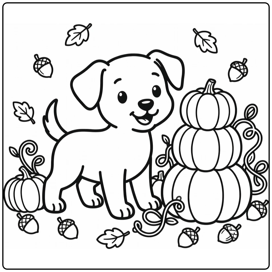Puppy Pumpkin Coloring Page: cute pup with pumpkins, vines