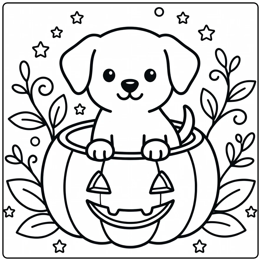 Puppy Pumpkin Coloring Page: cute pup in carved pumpkin, vines, stars