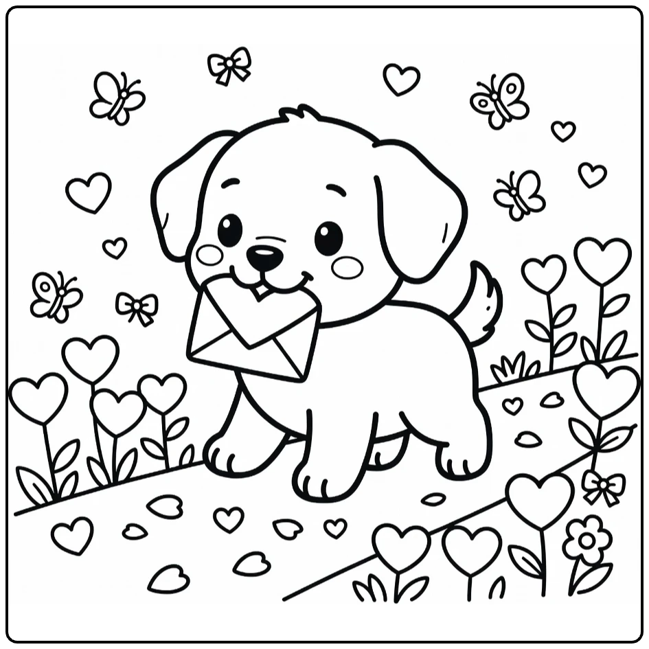 Puppy Valentine Coloring Page: Puppy with heart envelope on garden path