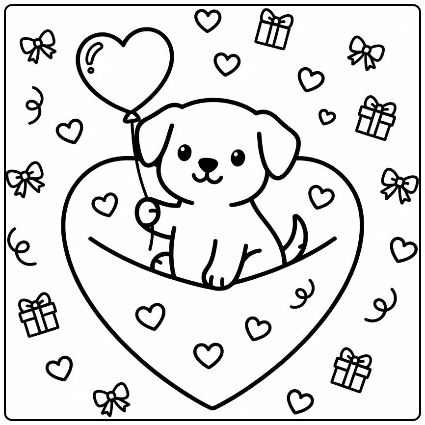Puppy Valentine Coloring Page: Cute puppy in heart gift box with balloon