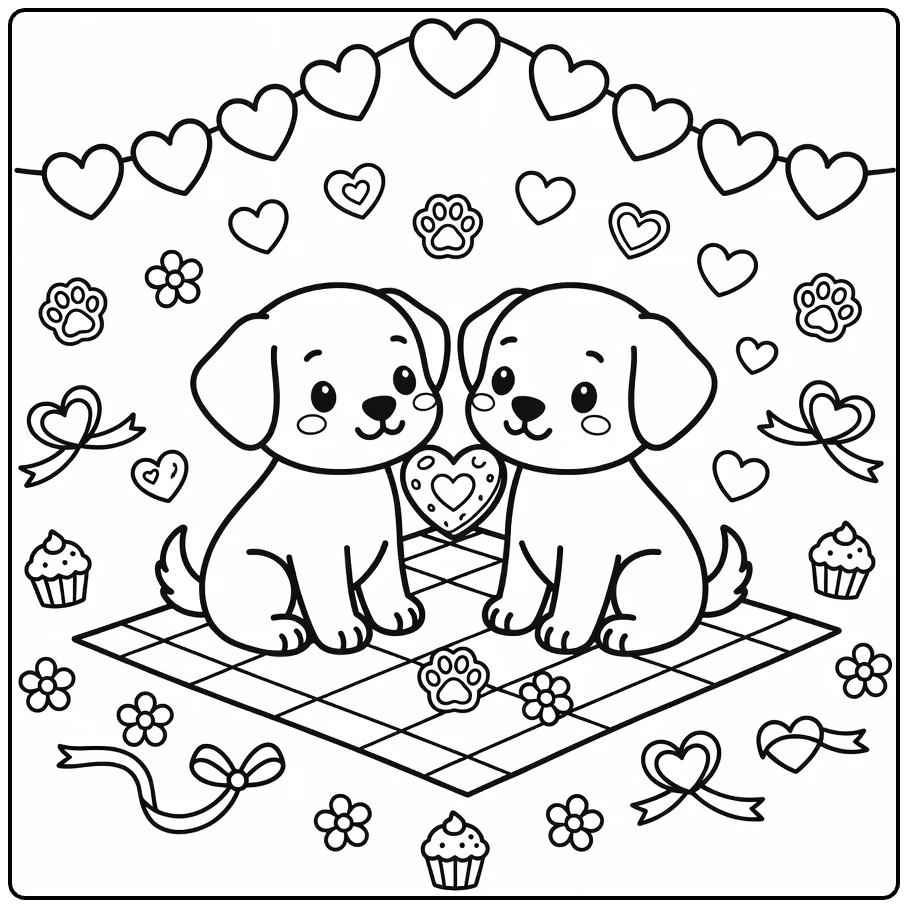 Puppy Valentine Coloring Page: Pups sharing heart cookie