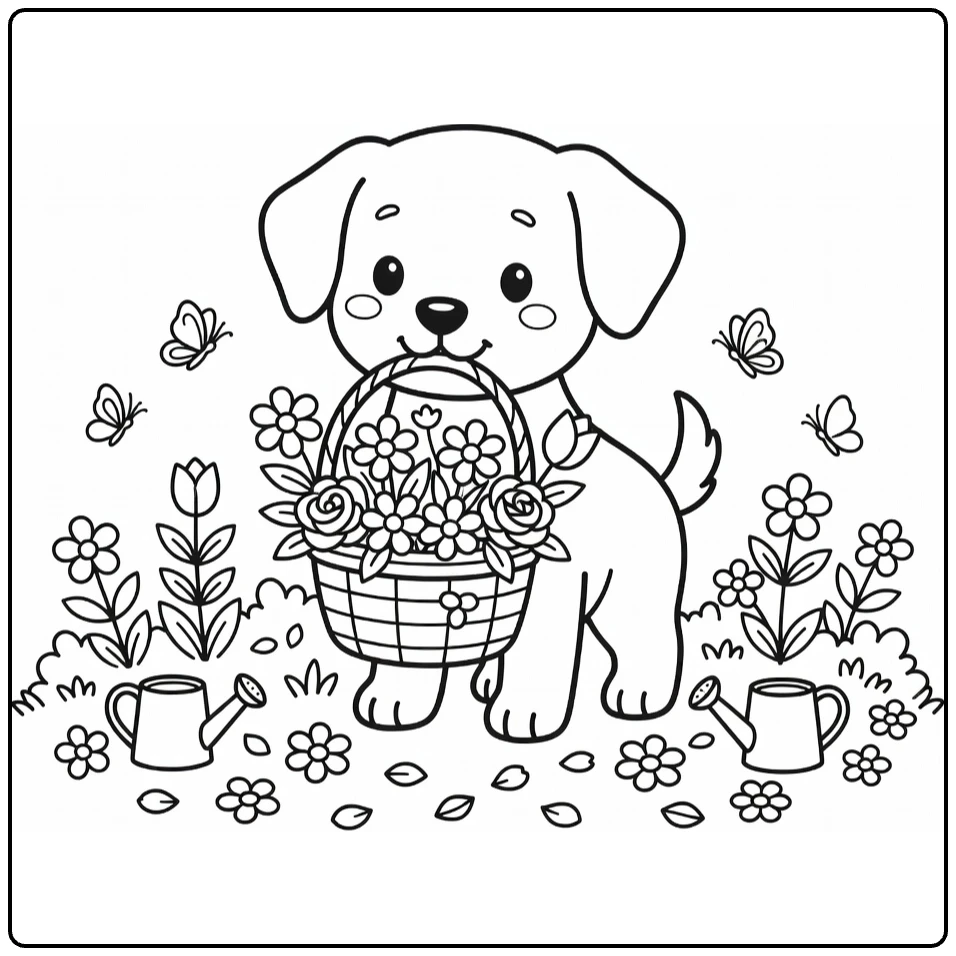 Puppy With Flowers Coloring Page: cute pup basket garden