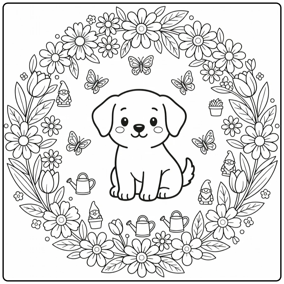 Puppy With Flowers Coloring Page: cute pup in daisy-tulip wreath