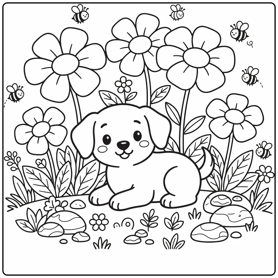 Puppy With Flowers Coloring Page: cute pup by giant blooms, bees