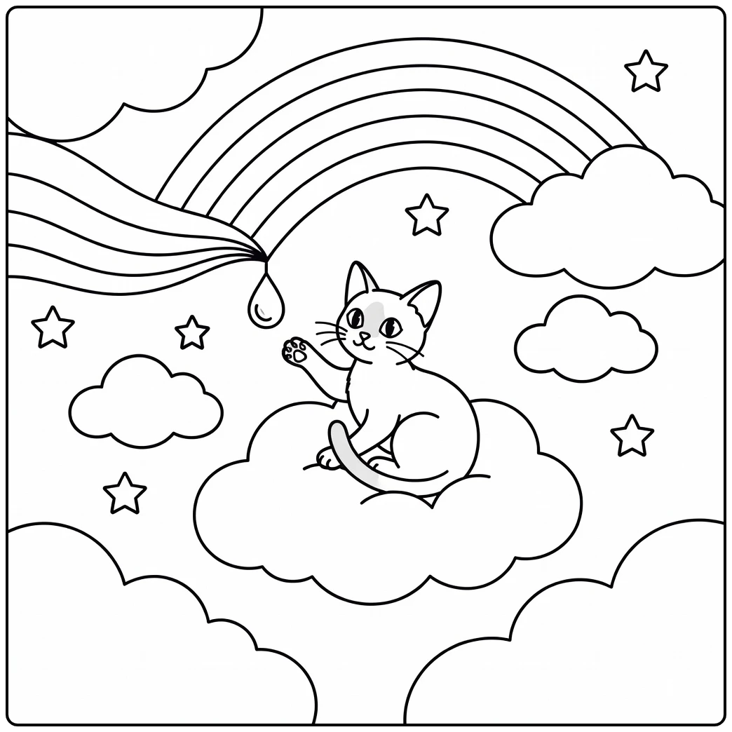 rainbow cat coloring pages: Siamese cat on cloud reaching for raindrop