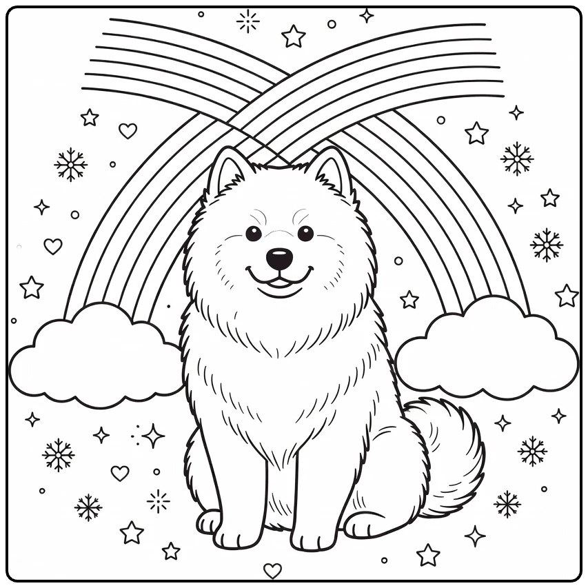 Rainbow Dog coloring page: fluffy Samoyed with rainbows