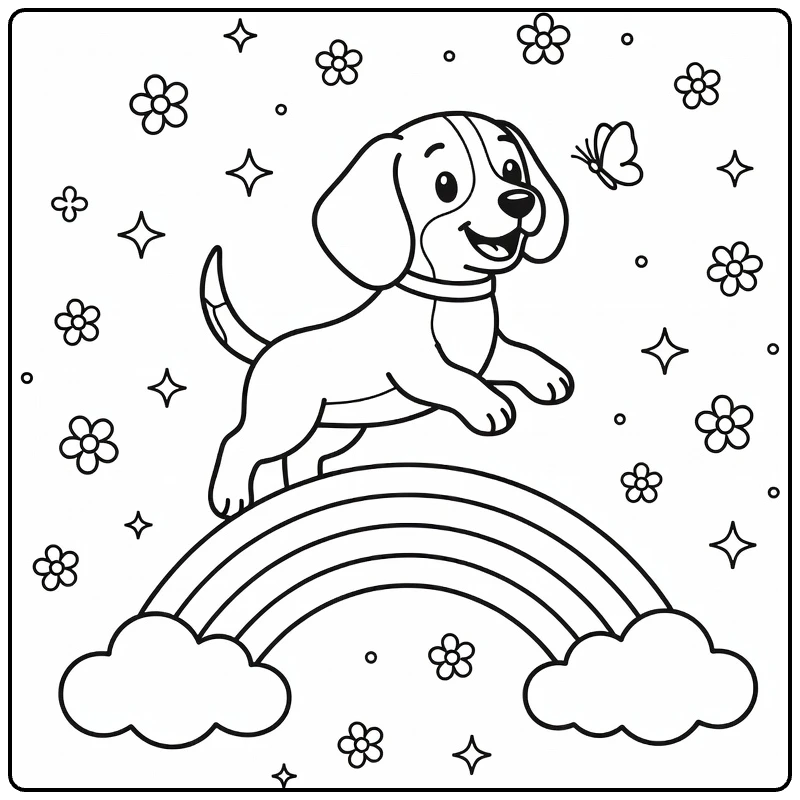 Rainbow Dog coloring page: Beagle jumps over rainbow bridge