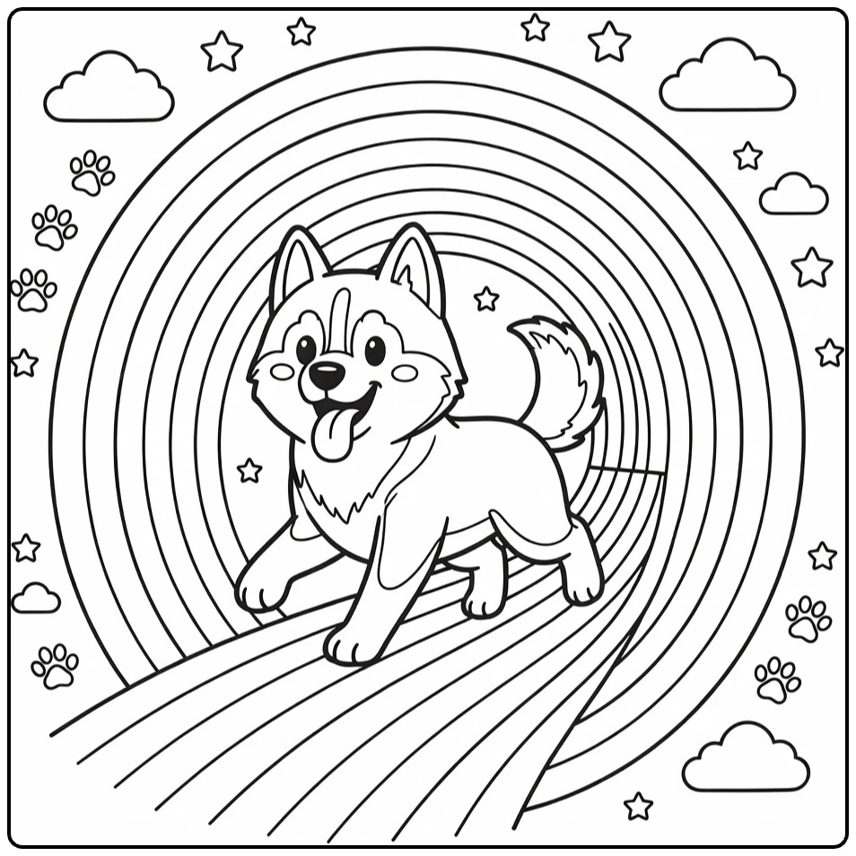 Rainbow Dog coloring page: Husky runs through rainbow tunnel