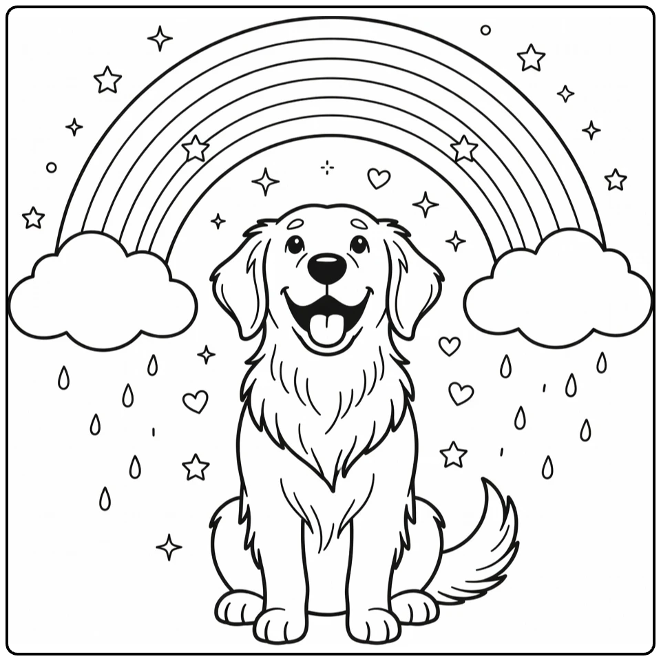 Rainbow Dog coloring page: happy Golden Retriever under rainbow