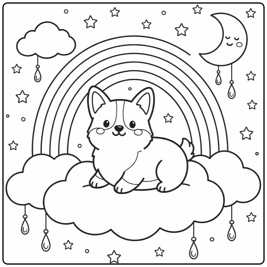 Rainbow Dog coloring page: cute Corgi on cloud, rainbow, stars