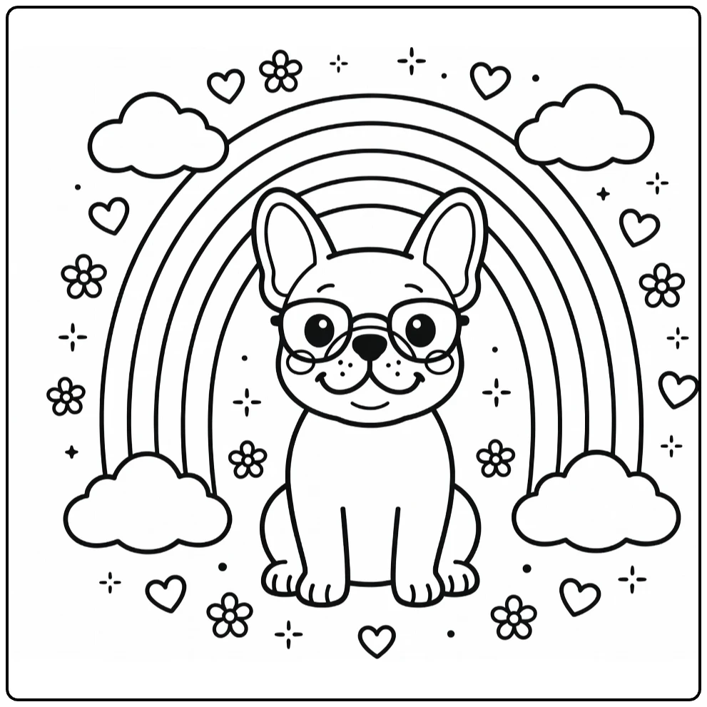 Rainbow Dog coloring page: French Bulldog in glasses & rainbow