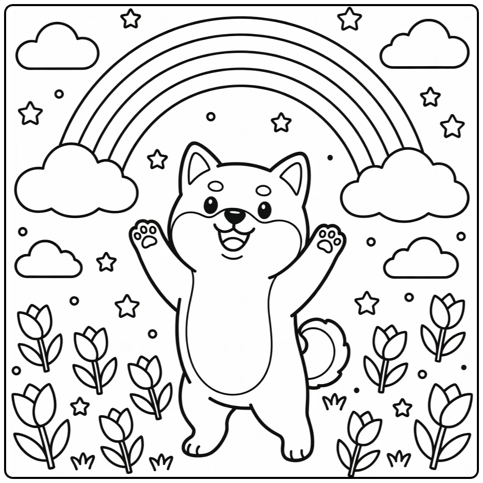 Rainbow Dog coloring page: Shiba Inu reaching for rainbow