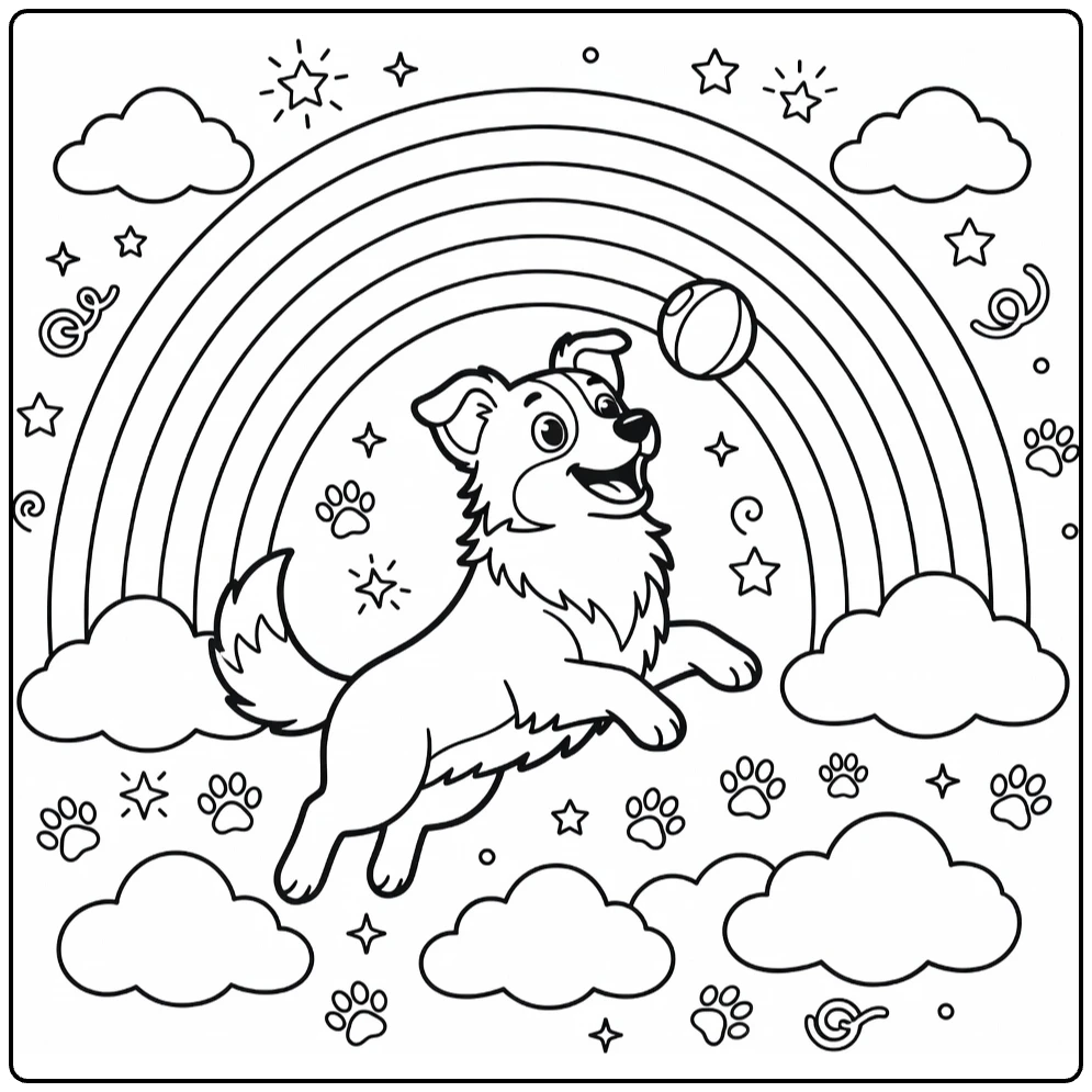 Rainbow Dog coloring page: Border Collie catches ball before rainbow