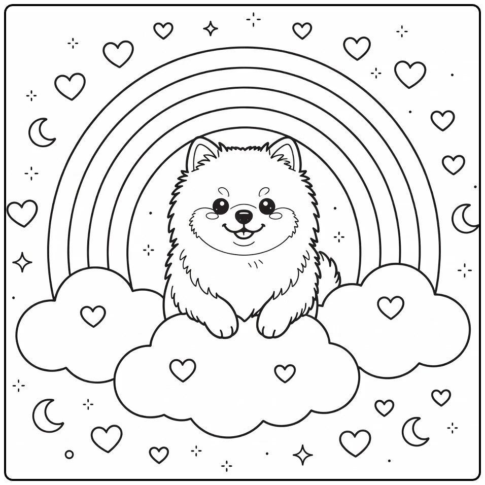 Rainbow Dog coloring page: fluffy Pomeranian peeks from rainbow