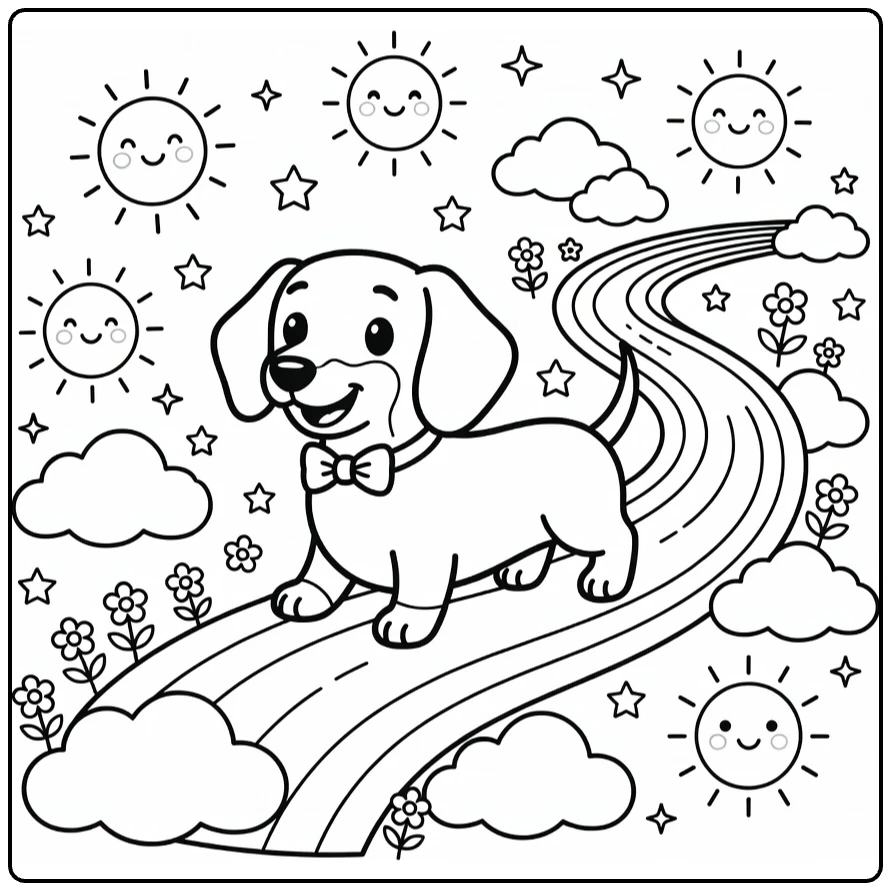 Rainbow Dog coloring page: cheerful Dachshund on rainbow path