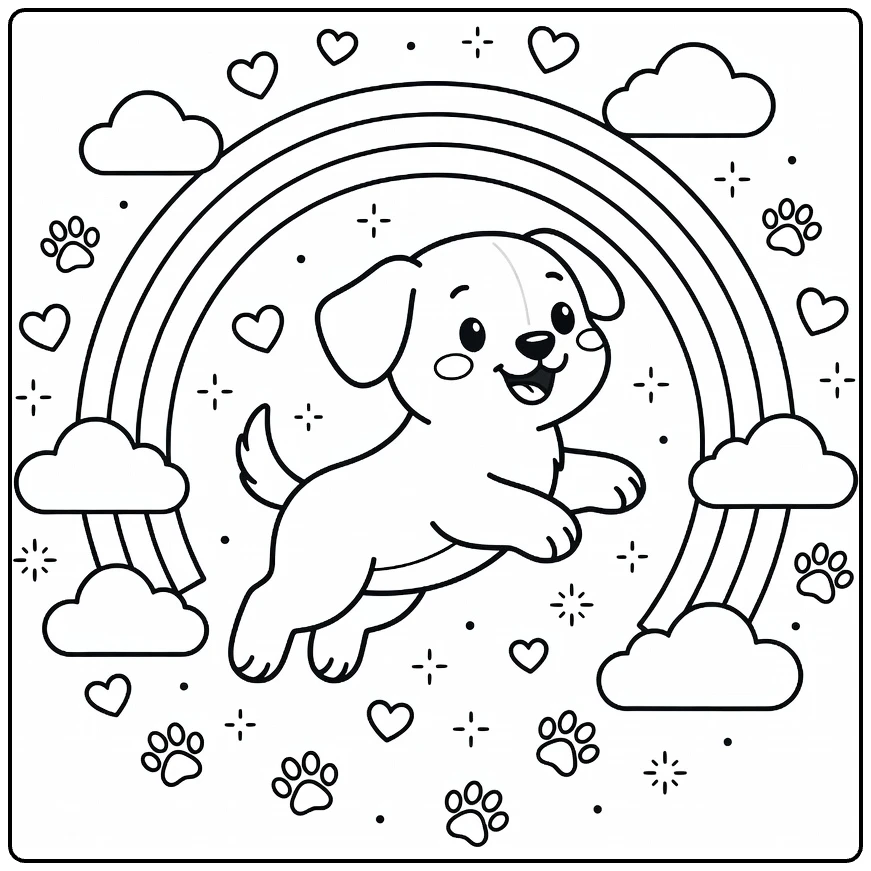 Rainbow Puppy Coloring Page: pup jumps thru rainbow hoop