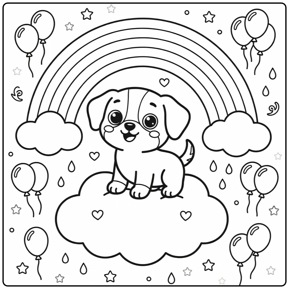 Rainbow Puppy Coloring Page: puppy on cloud under rainbow, balloons