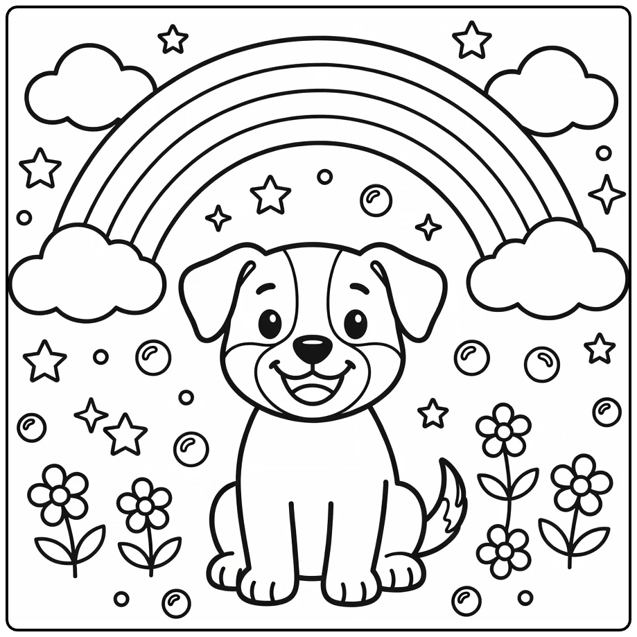 Rainbow Puppy Coloring Page: happy pup under arched rainbow, stars