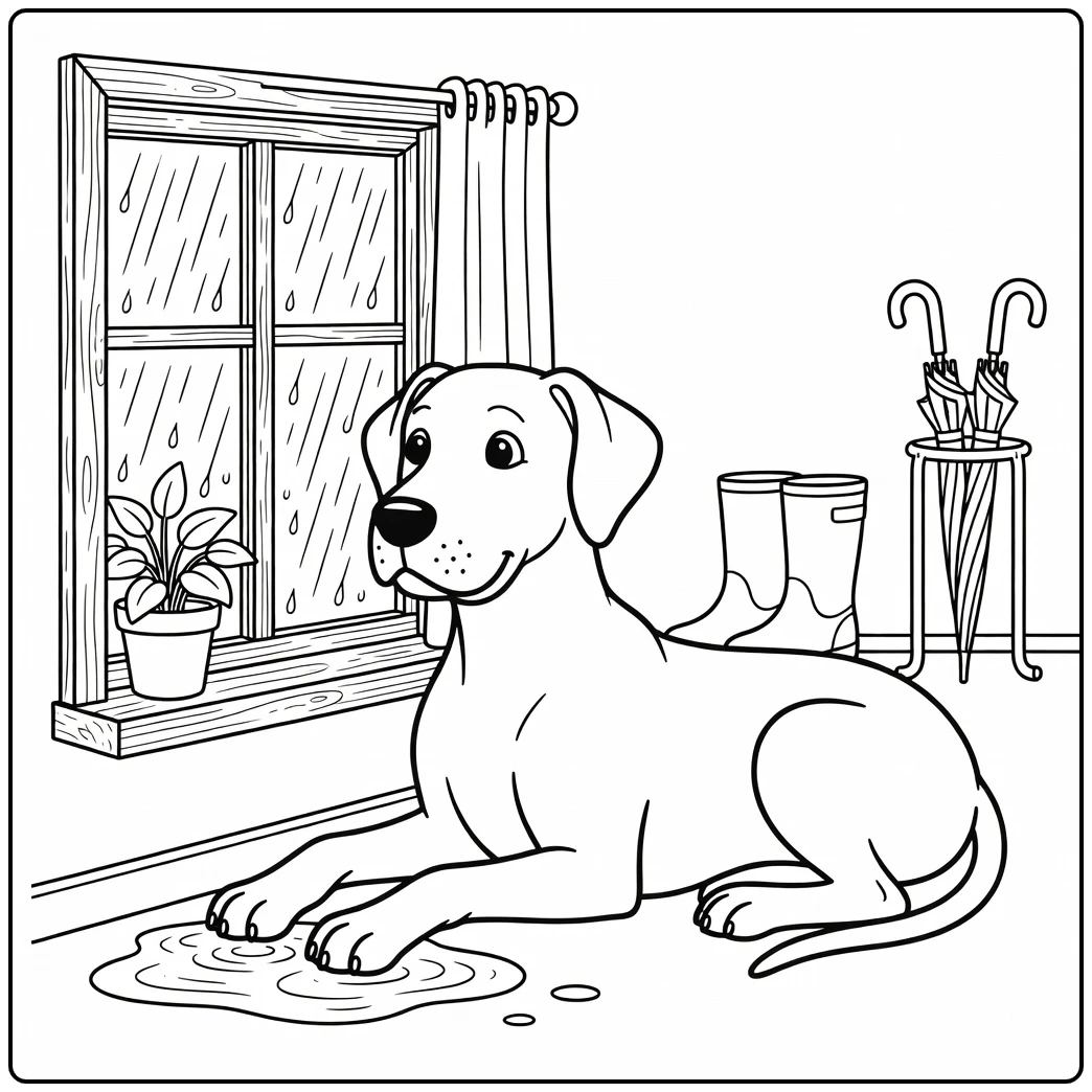 A gentle dog watches the rain on this great dane coloring page.