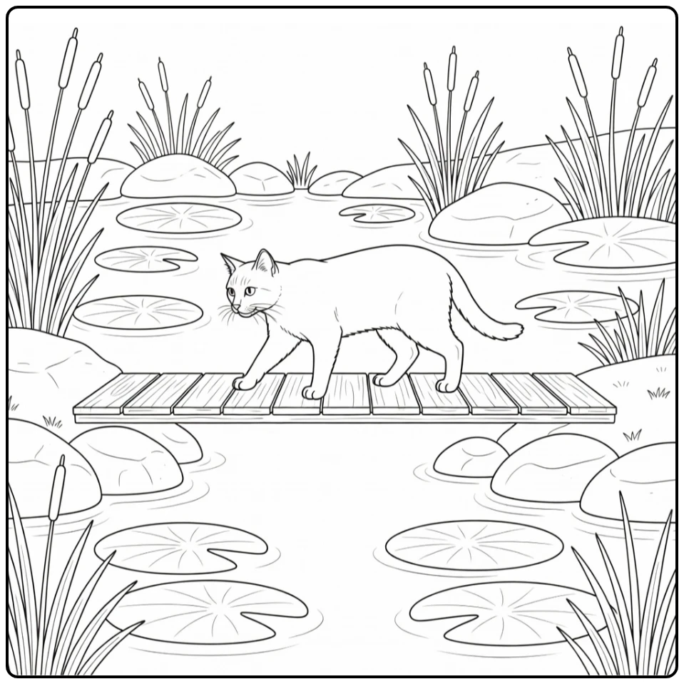 Realistic cat coloring pages: cat on bridge over pond with lily pads