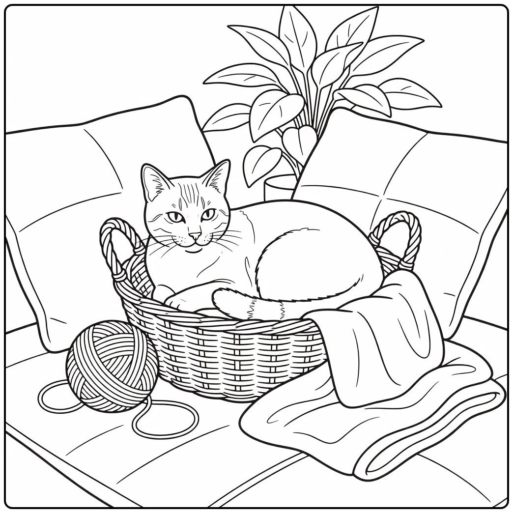 Realistic cat coloring pages: curled cat in basket & yarn